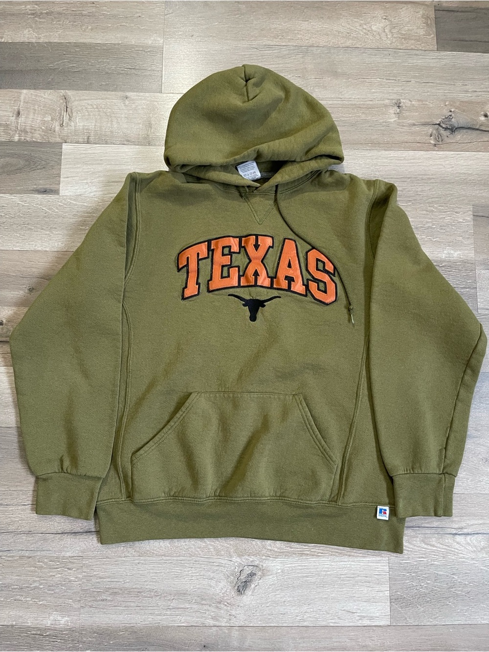 Russell Athletic Olive Green Texas Pullover Hoodie with Orange Logo